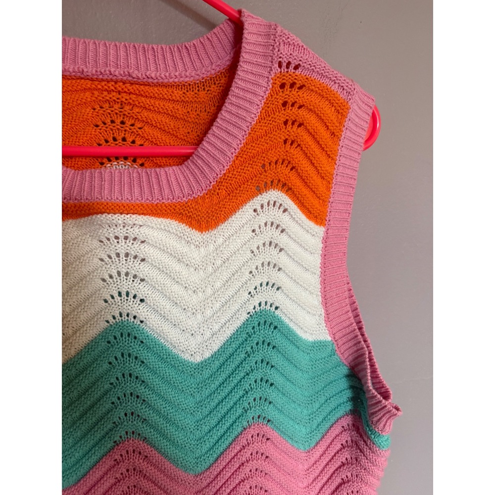 Cider Chevron Stripe Pointelle Knit Sweater Vest Orange Pink Teal Small - Picture 2 of 4